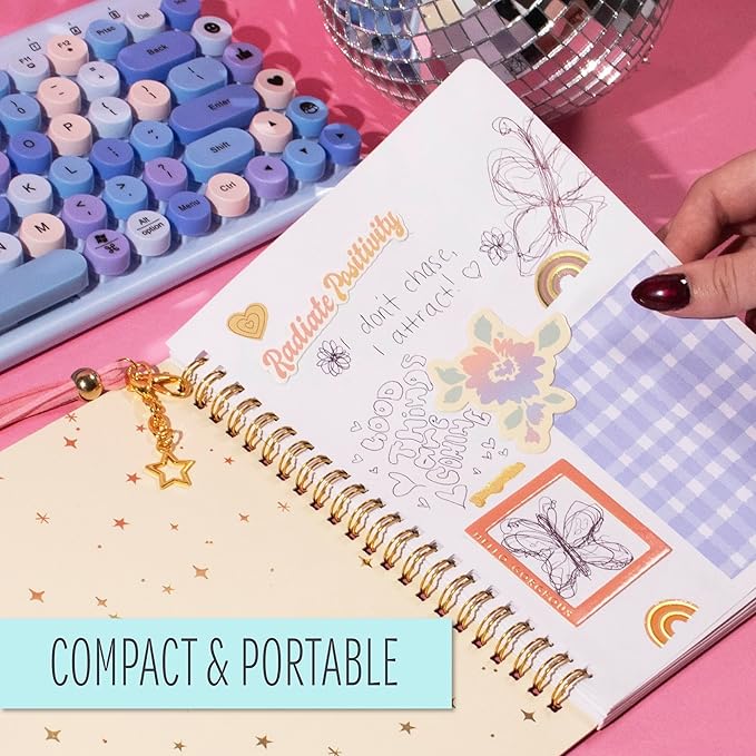 STMT DIY Journal Set, 70-Sheet Hardcover Spiral-Bound Kit, Over 35 Stationery Supplies, Including Stickers, Frames, Pen, Keychain, Glue Stick & More, Girls Gifts