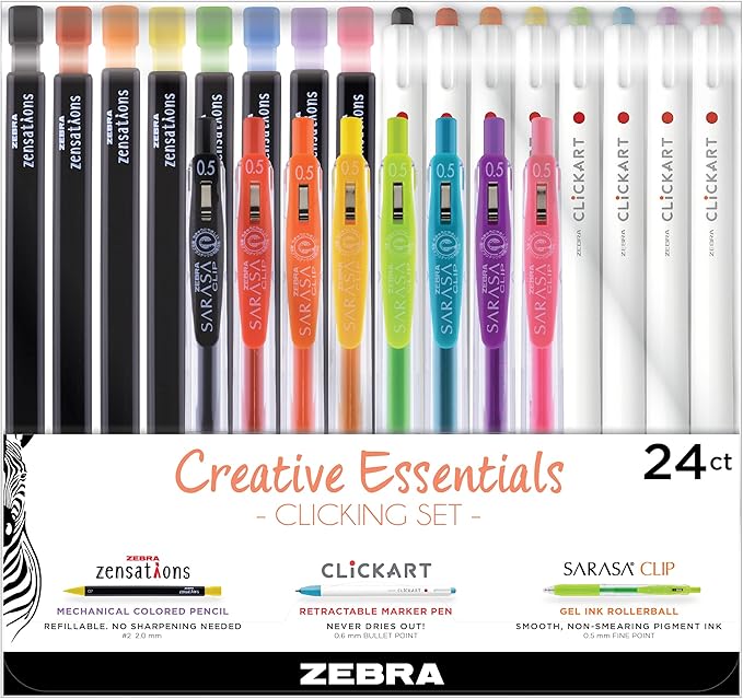 Zebra Pen Creative Essentials Clicking Set 24-Pack, Includes 8 CLiCKART Markers, 8 Colored Pencils and 8 Sarasa Clip Retractable Gel Pens, Assorted Ink Colors, Ideal For Bullet Journaling (76124)