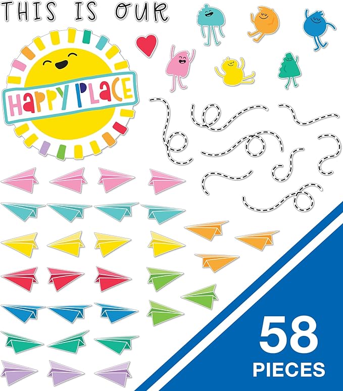 Carson Dellosa This is Our Happy Place Bulletin Board Set, Rainbow Classroom Decorations with Heart and Paper Airplane Bulletin Board Cutouts for Wall Decor, Colorful Classroom Decor (58 pc)