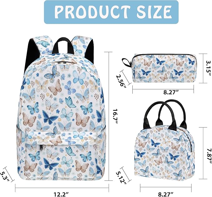 Butterfly 3PCS Backpack Set for Teens Elementary Middle High School, 17 Inch Lightweight Classic Bookpack 3 in 1 Set for Girls Boys, Kids Back to School Backpack with Lunch Box Pencil Case