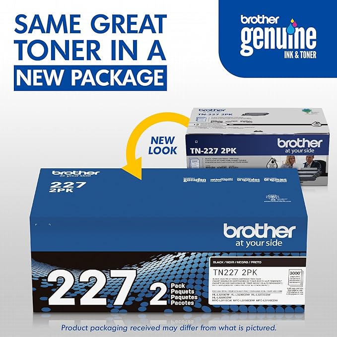 Brother Genuine TN227 High-Yield Black Toner Cartridge Twin Pack for Professional Laser Printing, 2 Pack Yields 6,000 Pages Total, Compatible with HL-L3210CW HL-L3230CDW Printers