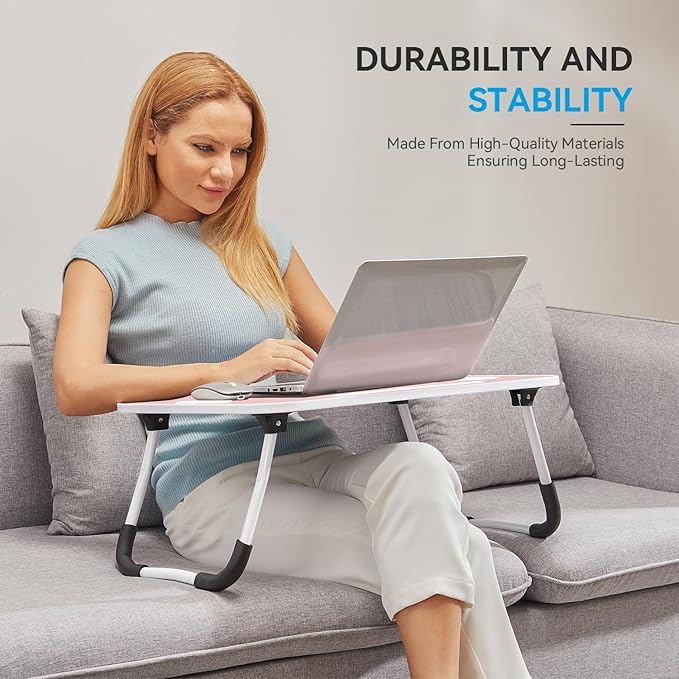 BUYIFY Folding Lap Desk, 23 Inch Portable Wood Blue Laptop Bed Desk Lap Desk with Cup Holder, for Working Reading Writing, Eating, Watching Movies for Bed Sofa Couch Floor- new005 Blue