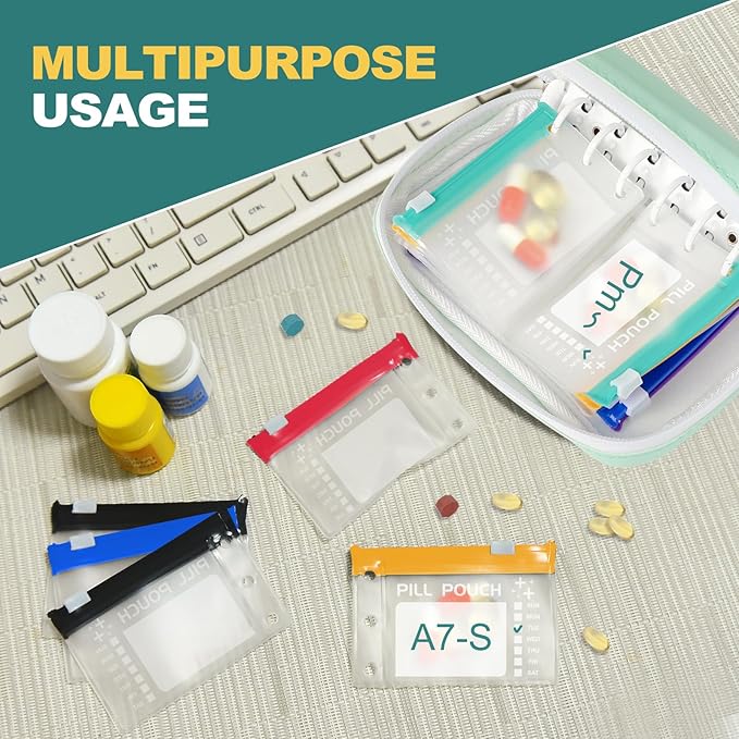 A7 Waterproof Pill Organizer with 14 S Zippered Pill Pouches for A7 Binder, Small BPA-Free Weekly Medicine Organizer, Color-Coded Reusable Travel Pill Storage System