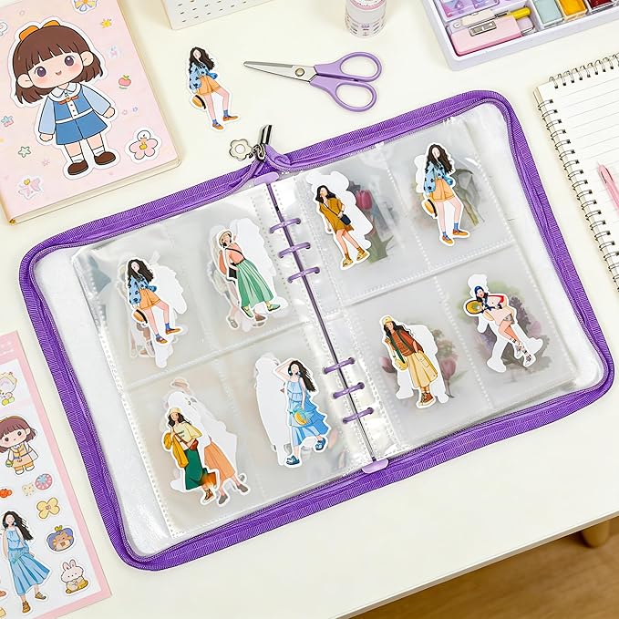 5-in-1 Sticker Organizer Book Reusable A5 Storage Binder with 220 Pockets,10 Release Papers, Zipper Album Sticker Collecting Display Keeper (Purple)