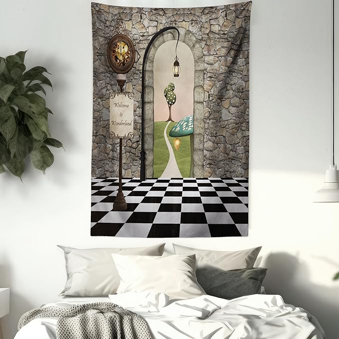 Ambesonne Alice in Wonderland Tapestry, Welcome Wonderland Black and White Floor Landscape Mushroom Print, Wall Hanging for Bedroom Living Room Dorm Decor, 40" X 60", Stone Black