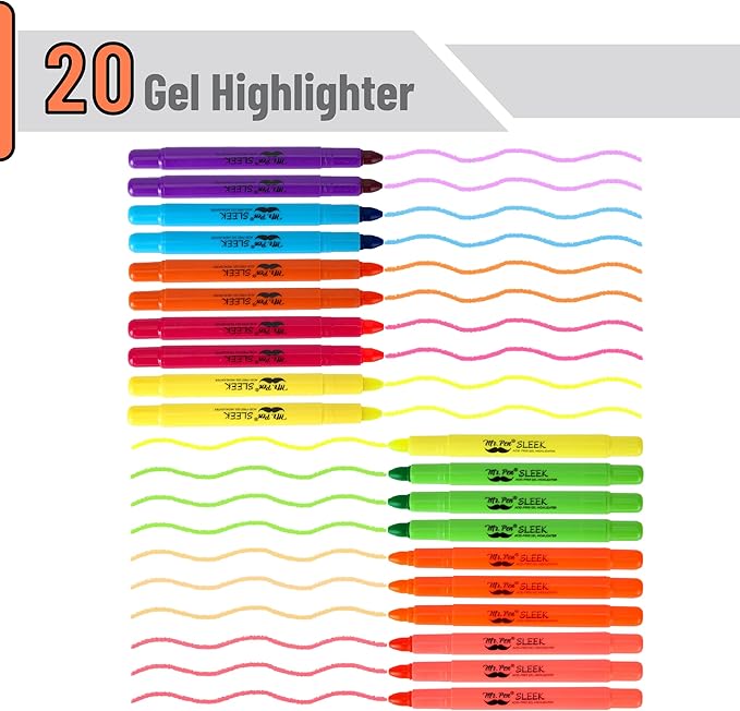 Mr. Pen No Bleed Gel Highlighter, Bible Highlighters, Assorted Colors, Pack of 20, Fluorescent Gel Highlighters