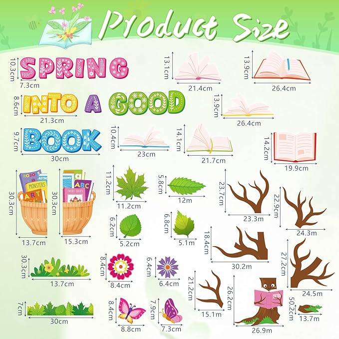 Epakh Spring Flower Reading Tree Bulletin Board Set Spring Into a Good Book Classroom Decorations Butterfly Floral Accent Paper Cutouts for March Library Door Wall Decor Birthday Party Supplies