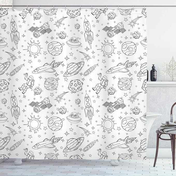 Ambesonne Cartoon Shower Curtain, Doodle Solar System Astronauts Space Crafts Shooting Stars Science Fiction Theme, Cloth Fabric Bathroom Decor Set with Hooks, 69" W x 75" L, White Ink