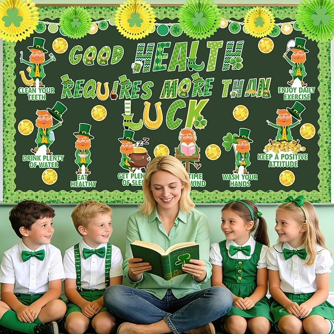 82 Pcs St Patrick's Day Bulletin Board Healthy Habits Decorations Good Health Requires More Than Luck Shamrock Gold Coin March Bulletin Board Set Clover Cutouts for Classroom School Decor