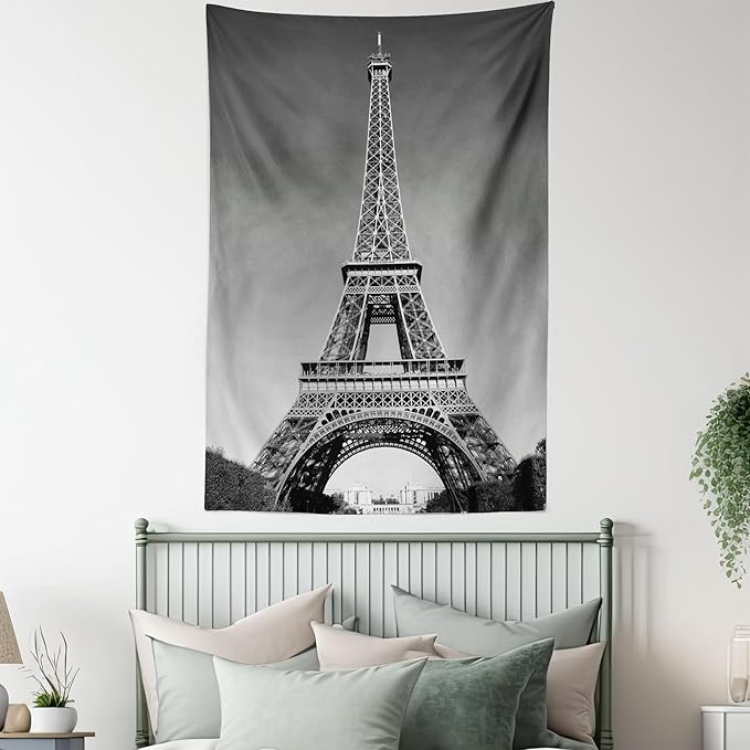 Ambesonne Eiffel Tower Tapestry, Paris Landmark Monochrome Picture of Cityscape European Urban Famous Place Image, Fabric Wall Hanging Decor for Bedroom Living Room Dorm, 30" X 45", Grey