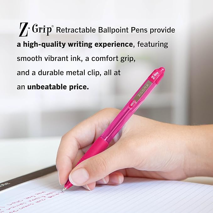 Zebra Pen Z-Grip Retractable Ballpoint Pen, Smooth-Flowing Assorted Fashion Colors, 1.0mm Medium Point, School & Office Supplies, Ideal for Note-Taking, Journal and Planner Use, 18-Pack (22208)