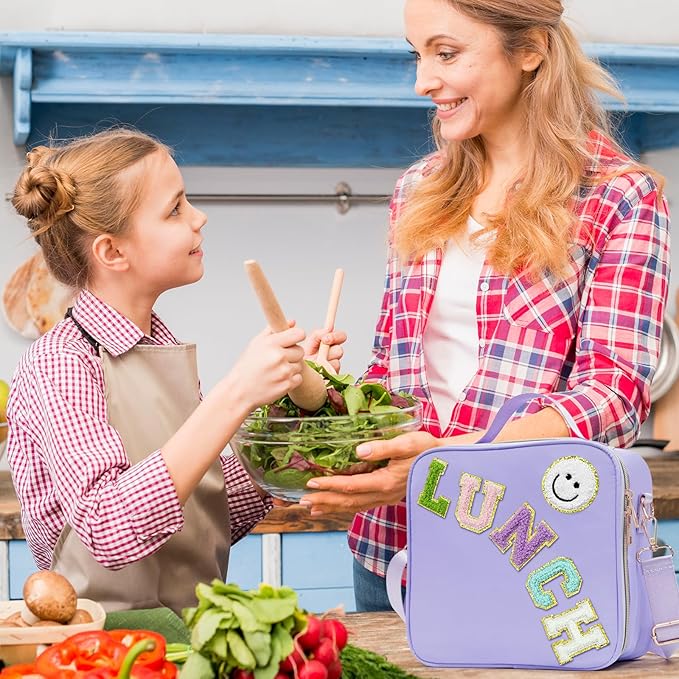 Insulated Lunch Bag Women Lunch Box Kids for Teen Girls Boys, Cute Preppy Lunch Boxes With Adjustable Shoulder Strap, Waterproof Nylon Lunchbox Lunch Bags for School Work Picnic (Purple)