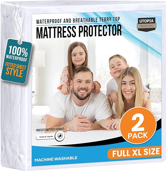 Utopia Bedding Waterproof Mattress Protector Full XL Size 2 Pack, Premium 200 GSM Terry Mattress Cover, Soft & Breathable Bed Cover, Fitted Sheet Style with Stretchable Deep Pockets 15" (White)