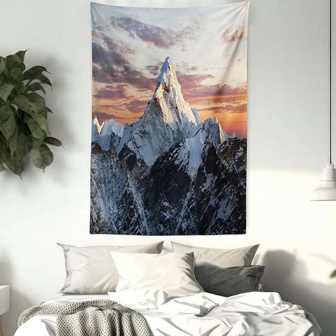 Ambesonne Mountain Tapestry Twin Size, Evening South High Hill Above the Sky Colorful Nepal Everest Photo, Wall Hanging Bedspread Bed Cover Wall Decor, 68" X 88", Bluegrey Salmon