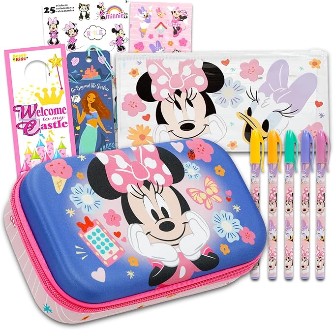 Disney Minnie Mouse Pencil Case for Girls - Stationery Storage Bag Bundle Molded Pencil Case, Stickers, Bookmark, More | Minnie School Supplies for Girls, Kids