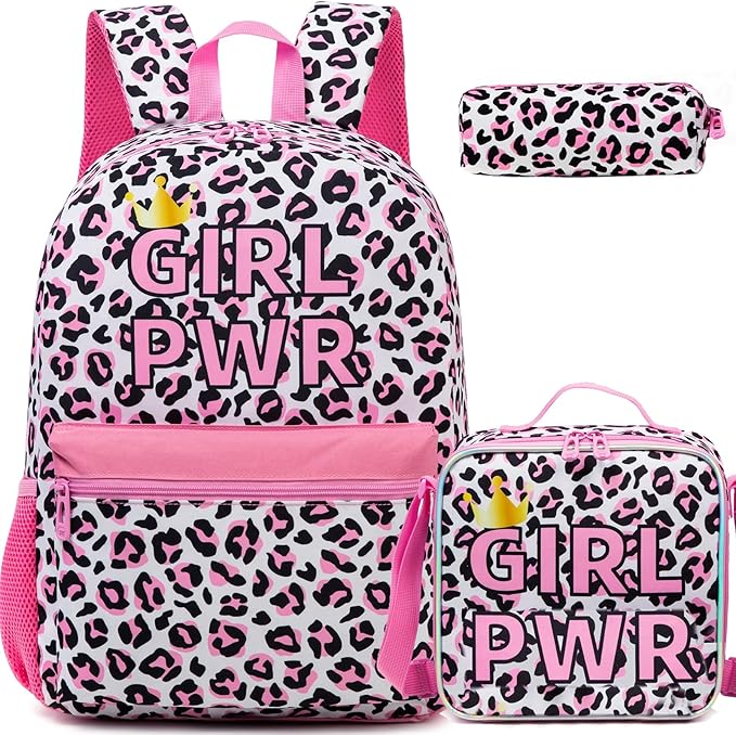 Backpack for School Girls Backpack with Lunch Box Kids Backpacks for Girls Leopard Backpacks for Elementary Teens Back to School