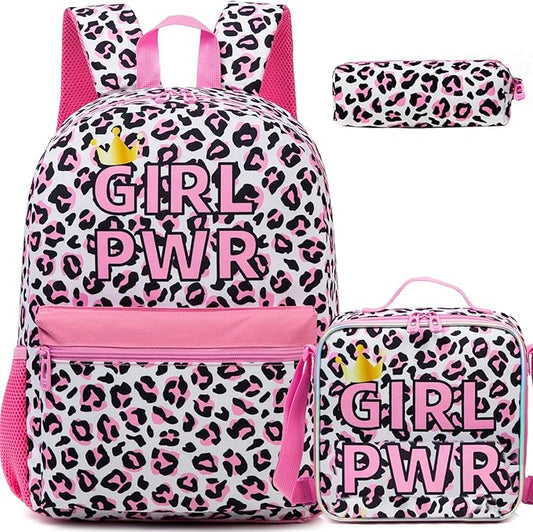 Backpack for School Girls Backpack with Lunch Box Kids Backpacks for Girls Leopard Backpacks for Elementary Teens Back to School
