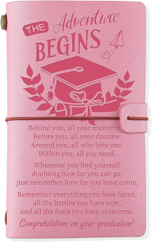 PRSTENLY Graduation Gifts Leather Journal, Graduation Gifts for Her Him 140 Page Refillable Journal, High School University College Graduation Gift Ideas for Women Men (Pink)