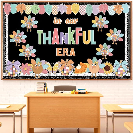 Fall Thanksgiving Turkey Bulletin Board for Classroom Decoration in Our Thankful Era Theme Bulletin Board Set Autumn Turkey Pumpkin Leaves Cutouts Fall Thanksgiving DIY Photo for Chalkboard Wall Decor