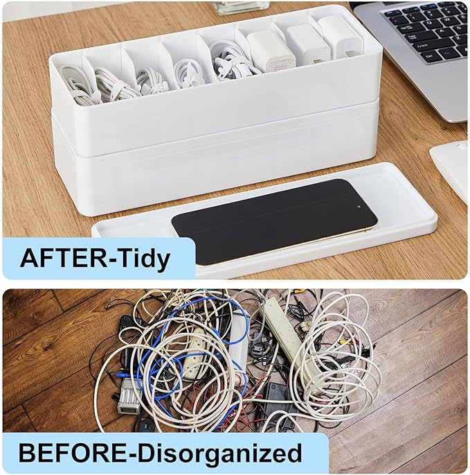 Tatuo 4 Pcs Cable Organizer Box with Wire Ties, Plastic Cord Storage Box with Lid, Electronics Organizer for Home Office Desk Organizers and Accessories (White)