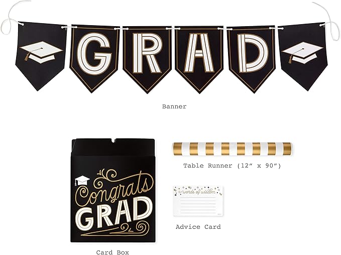 Hallmark 5GEY2000 Graduation Party Kit, Black and Gold (Banner, Table Runner, Card Box, 25 Advice Cards) Graduation Kit, One