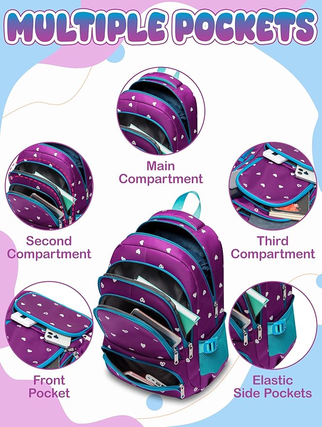 BLUEFAIRY Kids Backpack with Lunch Box for Girls Boys Elementary Primary Middle School Bag with Lunch Bag Set 17 Inch Bookbag Mochilas Escolares para Niñas Niños (Hearts, Purple)