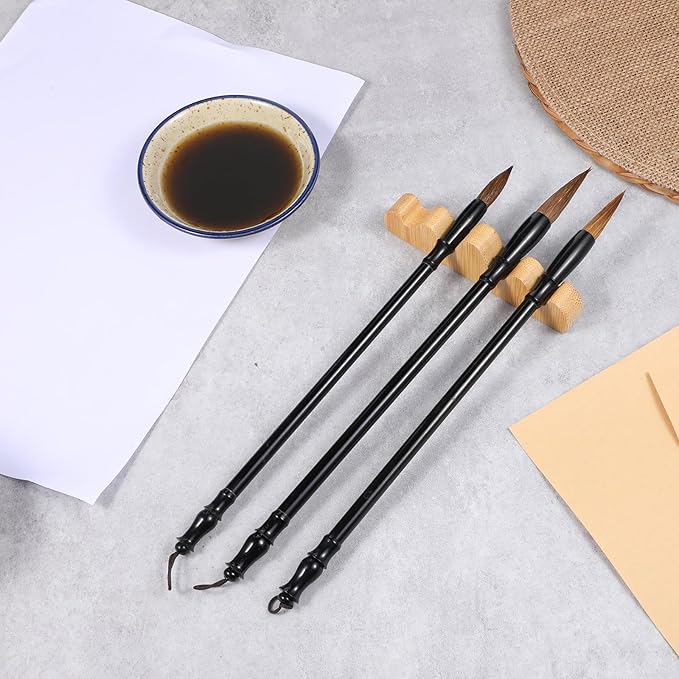 3 Pcs Calligraphy Brush Pens Chinese Sumi Maobi Traditional Wooden Calligraphy Brushes Kanji Art Brushes for Beginner Kanji Ink Painting (3 Sizes)
