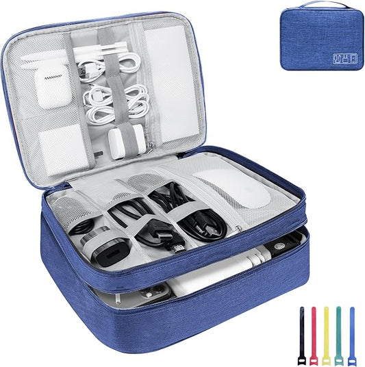Electronics Travel Organizer,Large Double Layer Portable Waterproof Travel Organizer Bag for Charging Cable Storage,Ipad,Power Bank,Hard Drive,for Travel,Business,5pcs Cable Ties-Navy Blue