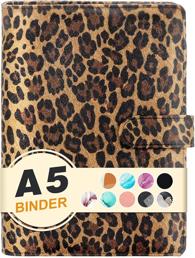 A5 Refillable 6 Ring Faux Leather Budget Binder,Mini Notebook Binder Cover for A5 Filler Paper,Loose Leaf Personal Planner Cover with Magnetic Buckle Closure(Leopard)