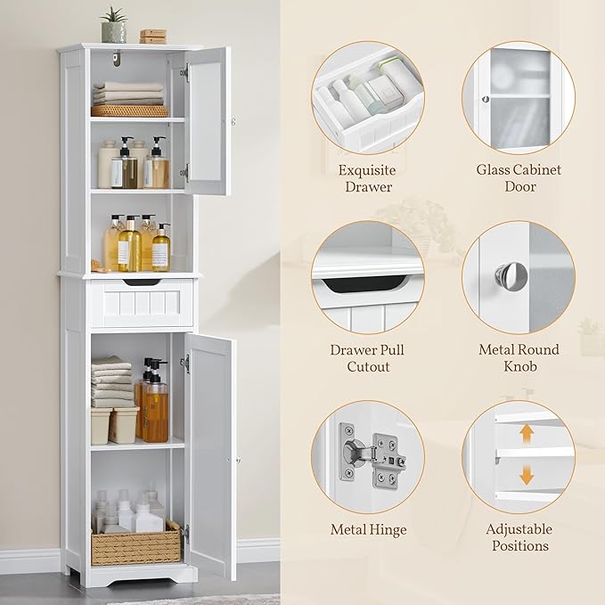 Yaheetech 67”Tall Bathroom Storage Cabinet,Narrow Floor Cabint with 2 Doors and 1 Drawer,Slim Bathroom Organizers,Adjustable Shelves,Storage Unit for Living Room, Entryway,Kitchen,White