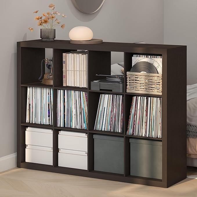 Furinno Cubicle Record Player Stand with Vinyl Storage, 12-Cube Vinyl Record Storage, 1.65" Triple Thick Open Back Media Shelf for CD DVD Blueray Game, for Living Room, Home Office, Black Dark Oak