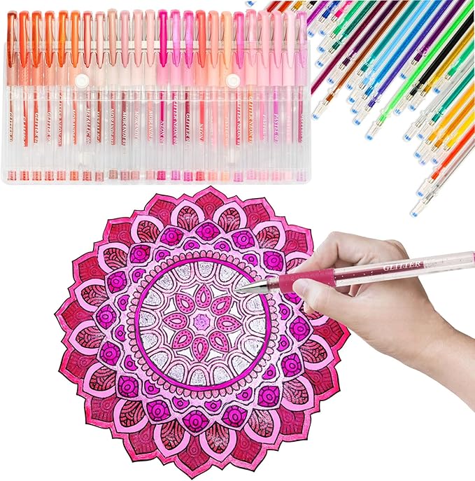 48 Pack Red Pink Gel Pens, 24 Colored Gel Pen with 24 Refills,40% More Ink Write Smooth for Adults Coloring Books Drawing Doodling Scrapbooks Bullet Journaling