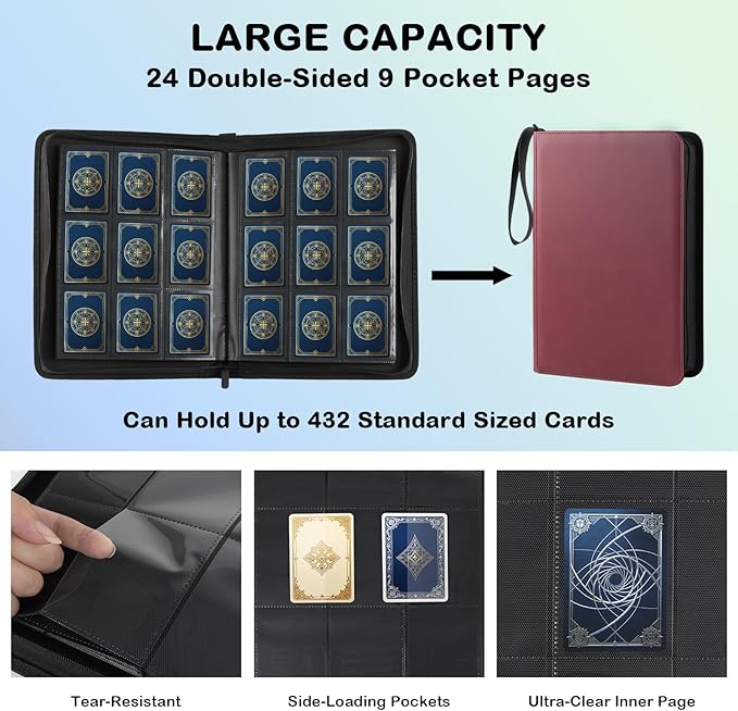 Card Binder 9 Pocket - 432 Cards, Premium Red PU Leather Album, 24 Page Zippered Side-Loading for Baseball, Sports Cards & TCG Collectibles (Vibrant Team Red)