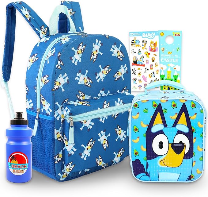 Bluey Backpack and Lunch Box Set - Bundle with 15" Bag, Lunch Box, Bottle, Stickers, More | Bluey & Bingo School Supplies (Multicolor)
