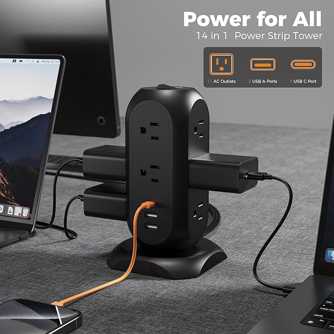 TESSAN Surge Protector Power Strip Tower with 3 USB Ports 11 Outlets, 1625W/13A, Black Extension Cord 6 Feet, 1050J Protection Desktop Charging Station for Office School Dorm Room Essentials