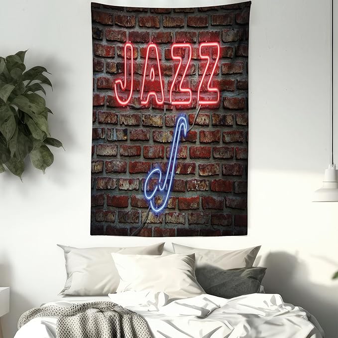 Ambesonne Music Tapestry Twin Size, Image of Alluring Neon All Jazz Sign Saxophone Instrument on Brick Wall Print, Wall Hanging Bedspread Bed Cover Wall Decor, 68" X 88", Red Blue