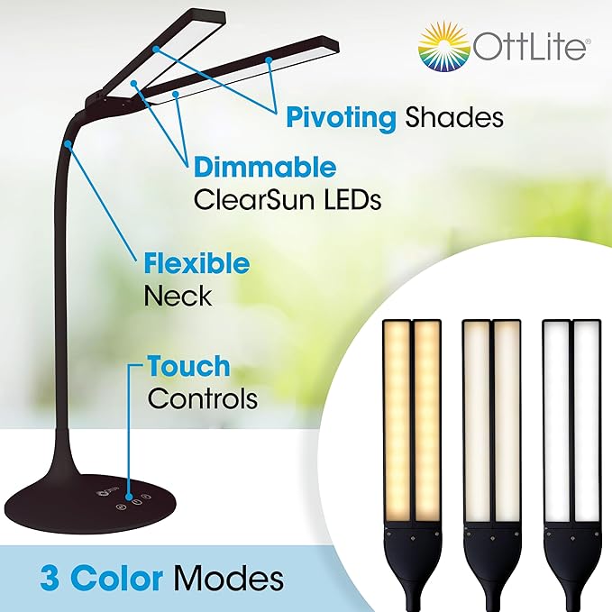 OttLite Pivot LED Desk Lamp – 3 Color Modes, 40-Minute Shut-Off Timer, Adjustable Neck, ClearSun LED, Touch Activated Controls, Gradual Dimmer, for Working, Crafting, Sewing, Studying (Black)