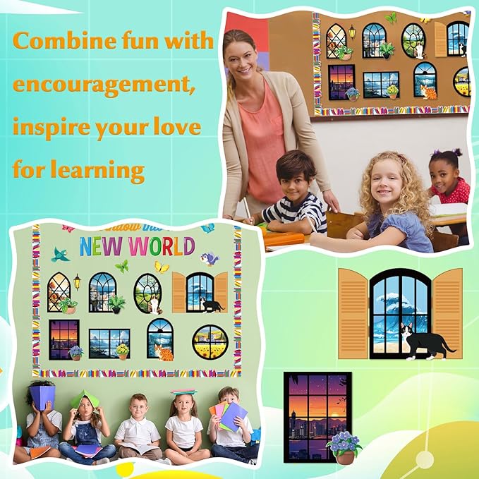 Honoson 56 Pcs Spring Reading Bulletin Board Set Back to School Classroom Decor Reading is a Window Bulletin Boards Book Border for Spring Motivational Library Classroom Chalkboard Wall Decor(Window)