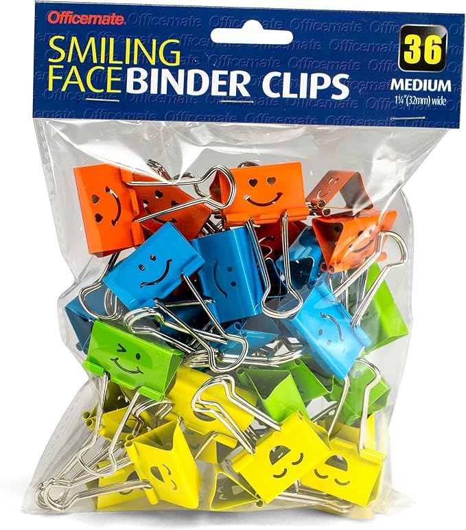 Officemate Smiling Face Binder Clips, Medium, Assorted Colors 36 Pcs, Paper Clamps for Office,Teacher Gifts, School and Home (31095)