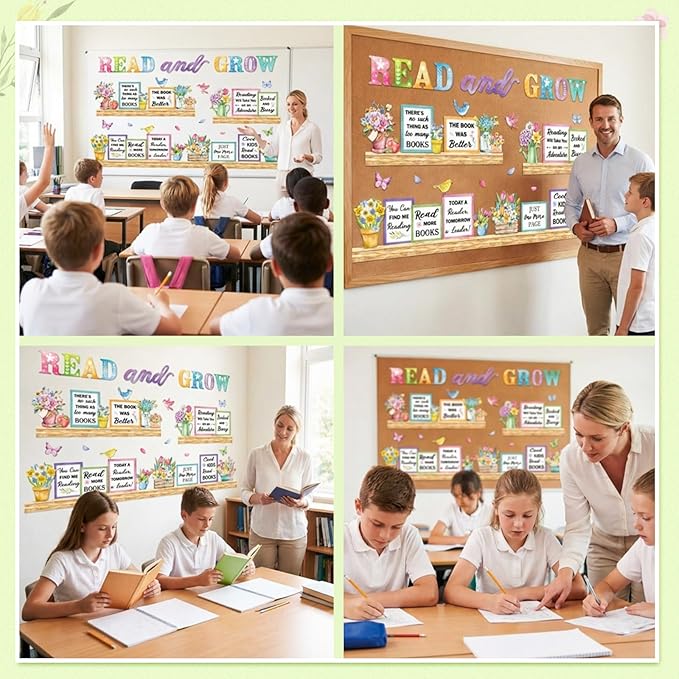 Qilery Read and Grow Spring Bulletin Board Set Classroom Decorations - Floral Book Cutouts for Reading Corner Library - Motivational Literacy Wall Art for Elementary School Teachers & Counselors