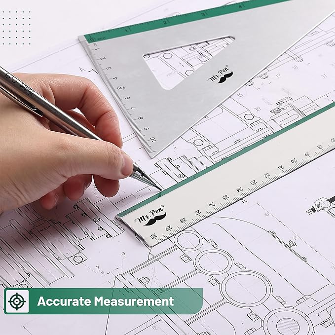 Mr. Pen- Geometry Set, Green Stripes, 4 Pack, Metal Geometry Kit, Triangle Ruler, Metal Ruler, Drafting Triangles, Metal Protractor, Metal Set Square, Drafting Ruler, Drafting Set