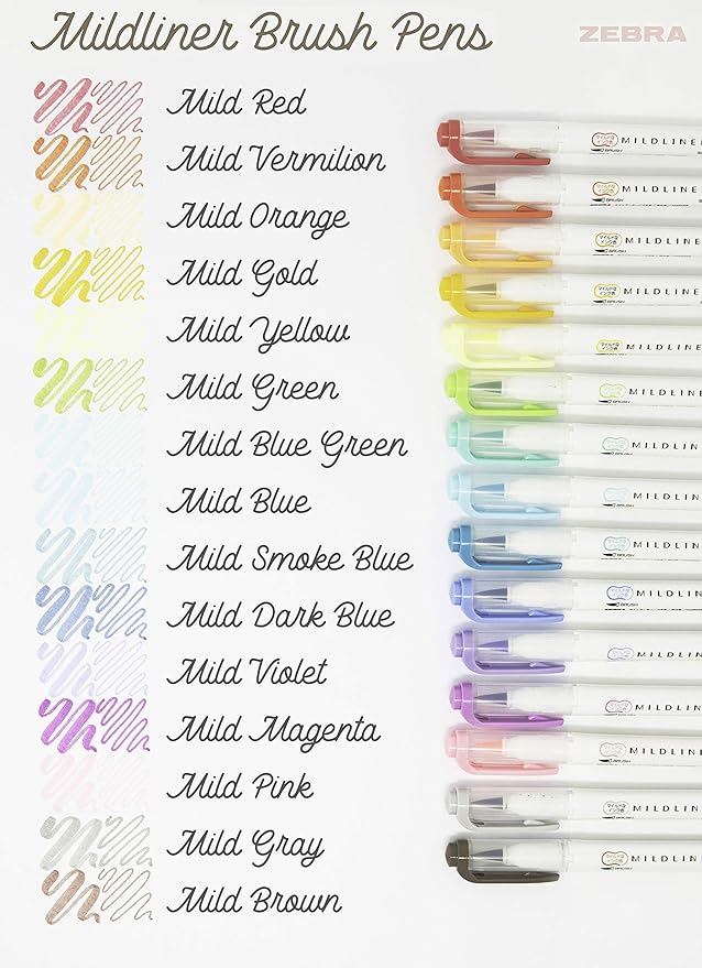 Zebra Pen Mildliner Double-Ended Brush Marker, Paint Brush-Like Tip and Fine Tip Marker Pen, Ideal for Creating Thick or Thin Strokes, No Bleed, Assorted Soft Colors, 15-Pack (79115)