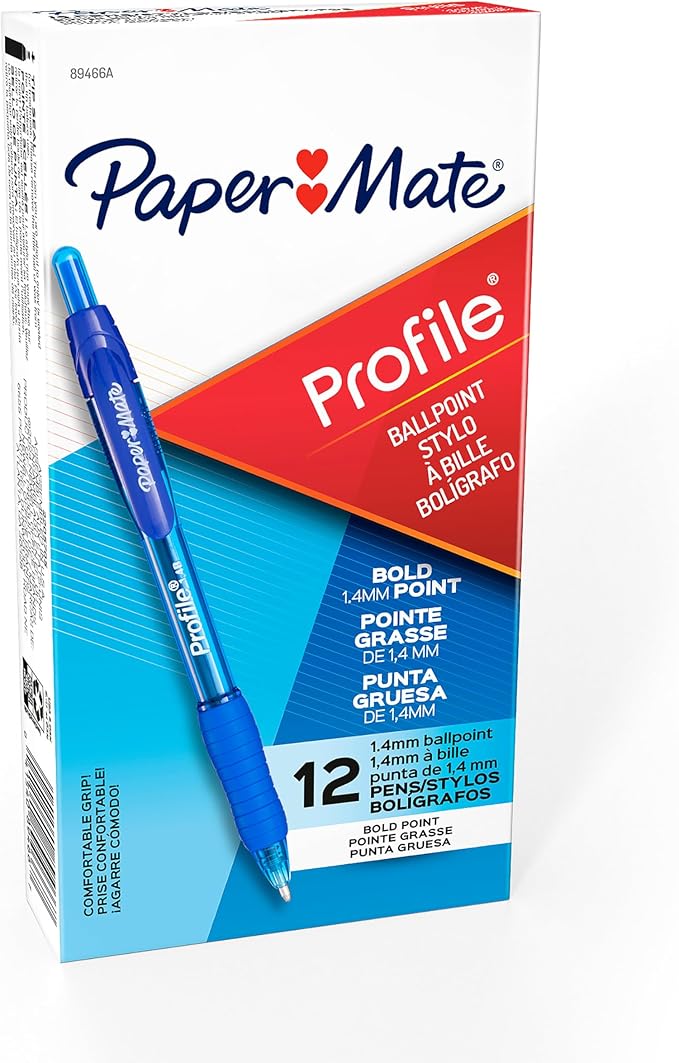 Paper Mate Profile Retractable Ballpoint Pens, Bold Point (1.4mm), Blue, 12 Count (Pack of 12)