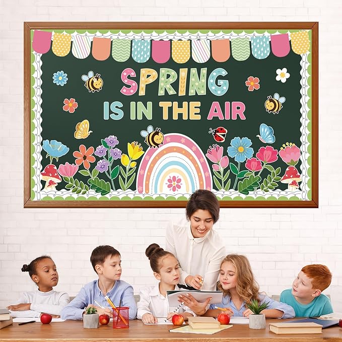 Spring Flower Bulletin Board Set Floral Classroom Bulletin Board Decoration with Rainbow Flowers Bee Paper Cutouts Spring in The Air Themed Classroom Wall Decor for School Chalkboard Teacher Supplies