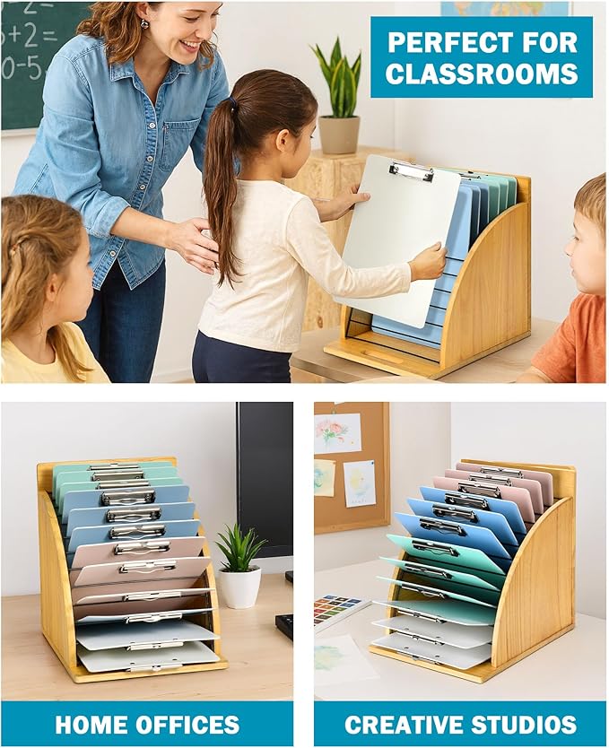 HULISEN 2 Pack Clipboard Holder for Classroom & Office, Wooden Clipboard Storage Organizer with Raised Side Panel & Metal Slots, Wood Clip Board Stand Rack – Clip Board Not Included