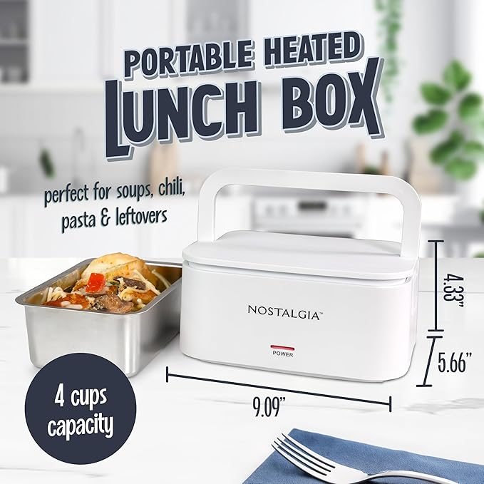 Nostalgia Portable Heated Lunch Box – 4-Cup Stainless Steel Food Warmer – Detachable Cord, Leak-Proof Lid, Carry Handle – Portable for Work & Travel – White