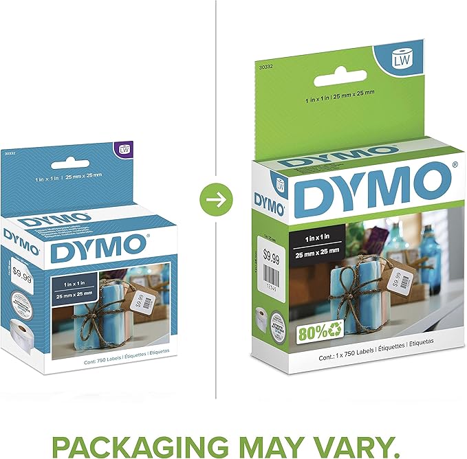 DYMO Authentic LW Multi-Purpose Square Labels DYMO Labels for LabelWriter Printers Great for Barcodes 1" x 1" 1 Roll of 750