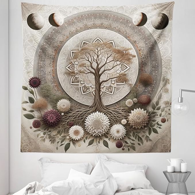 Ambesonne Moon Tapestry Queen Size, Ethno Mandal Featuring Gentle Vines of Tree of Life and Flowers Boho Luna, Wall Hanging Bedspread Bed Cover Wall Decor, 88" X 88", Pale Mustard Eggplant