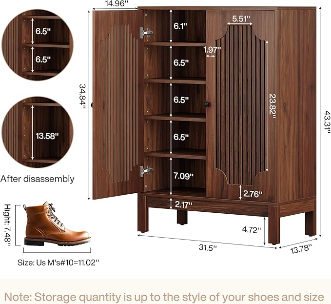 Tribesigns Shoe Cabinet with Doors, 5-Tier Shoe Storage Cabinet with Adjustable Shelves, 20 Pairs Wooden Shoe Rack Organizer, Tall Narrow Shoe Cabinet for Entryway, Hallway, Living Room, Walnut