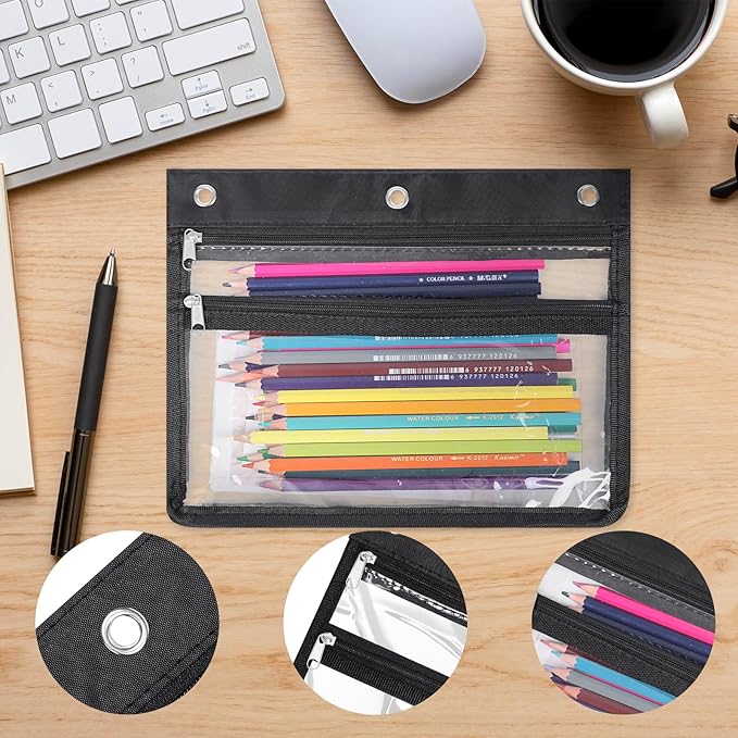 YoeeJob 24 Pack Zipper Pencil Pouches for 3 Ring Binder, 1.5 Inch Expandable with 2 Pockets and Clear Window for School and Office （Black）